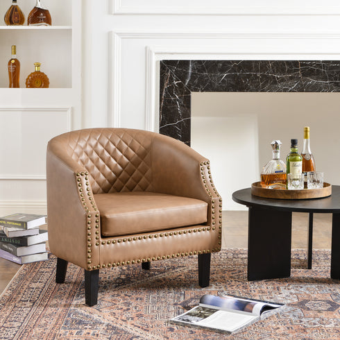 Louis Faux Leather Tufted Club Chair - Camel Accent Chair | Decorative Accent Chairs | Kinwell Furniture | Modern Club Chairs | Barrel Club Chair | Nailhead Trim Chair | Contemporary Faux Leather Chair | Elegant Camel Chair